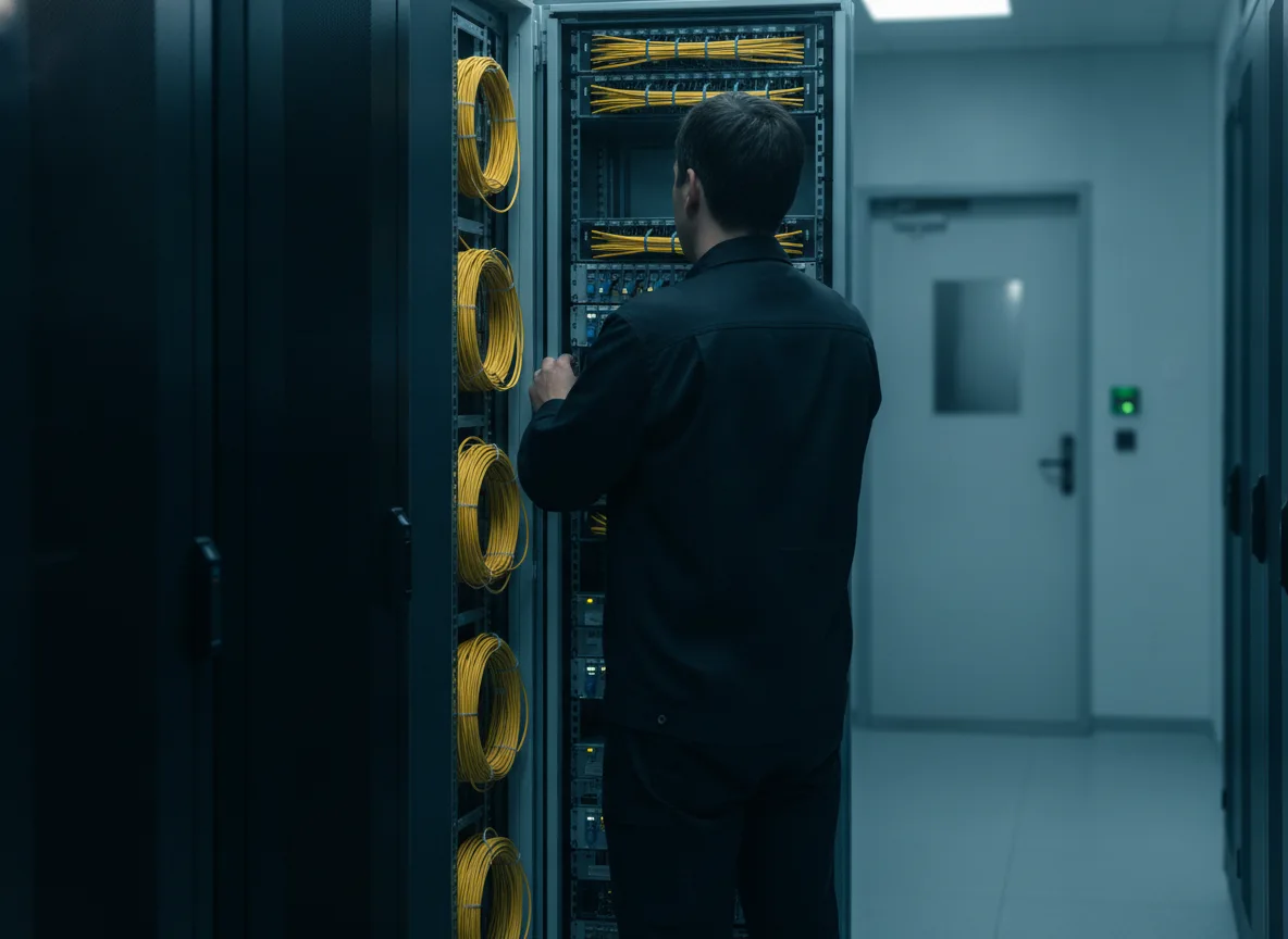 IT-Techniker am offenen Netzwerkschrank in einem zutrittsgesicherten Technikraum mit Glasfaserkabeln