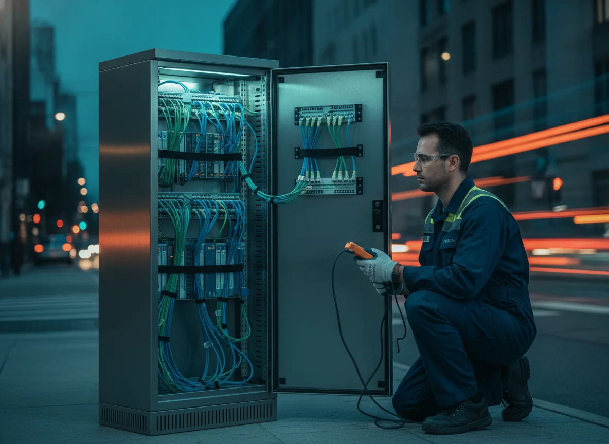 Techniker am offenen Smart-City-Verteilerschrank an einer Stadtstraße