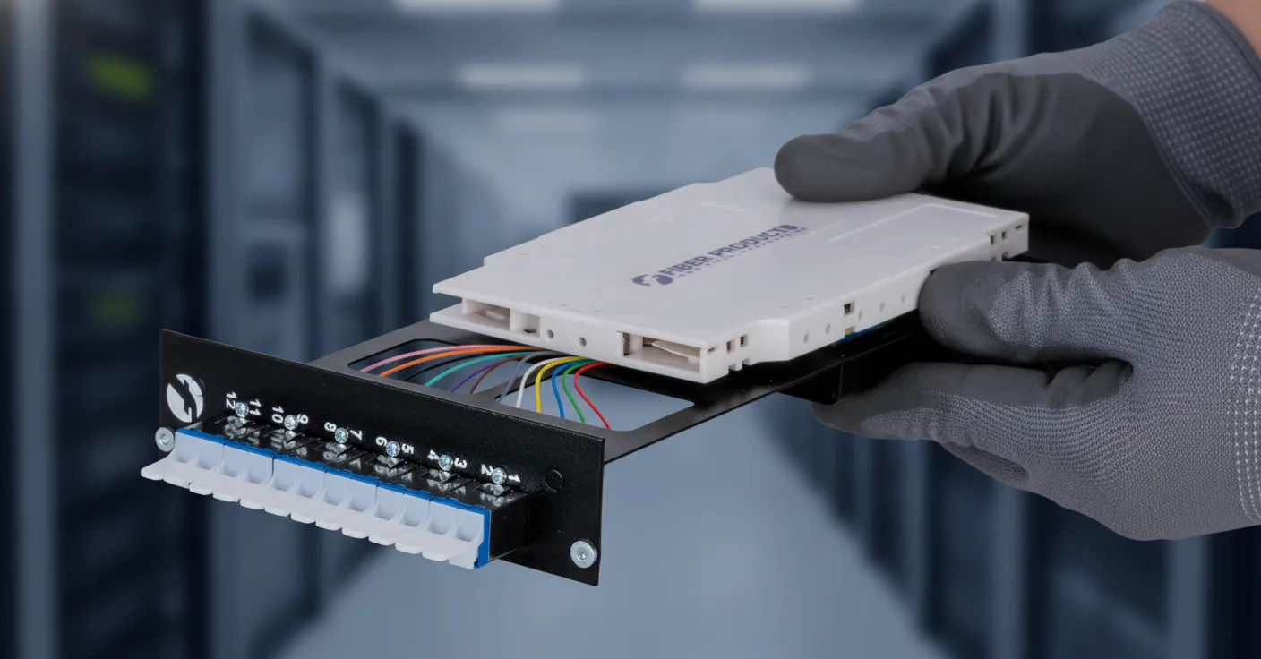 7TE splice module by Fiber Products in a technician's hand
