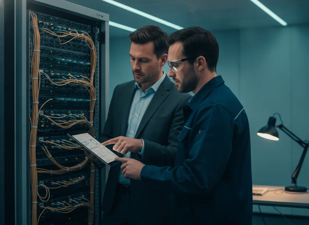 IT-Consultant und Techniker am Netzwerkrack mit Tablet
