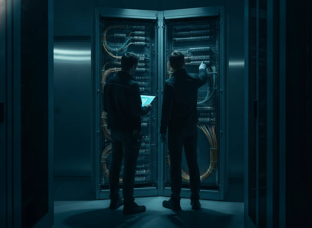 Telecom engineers reviewing a fiber distribution frame