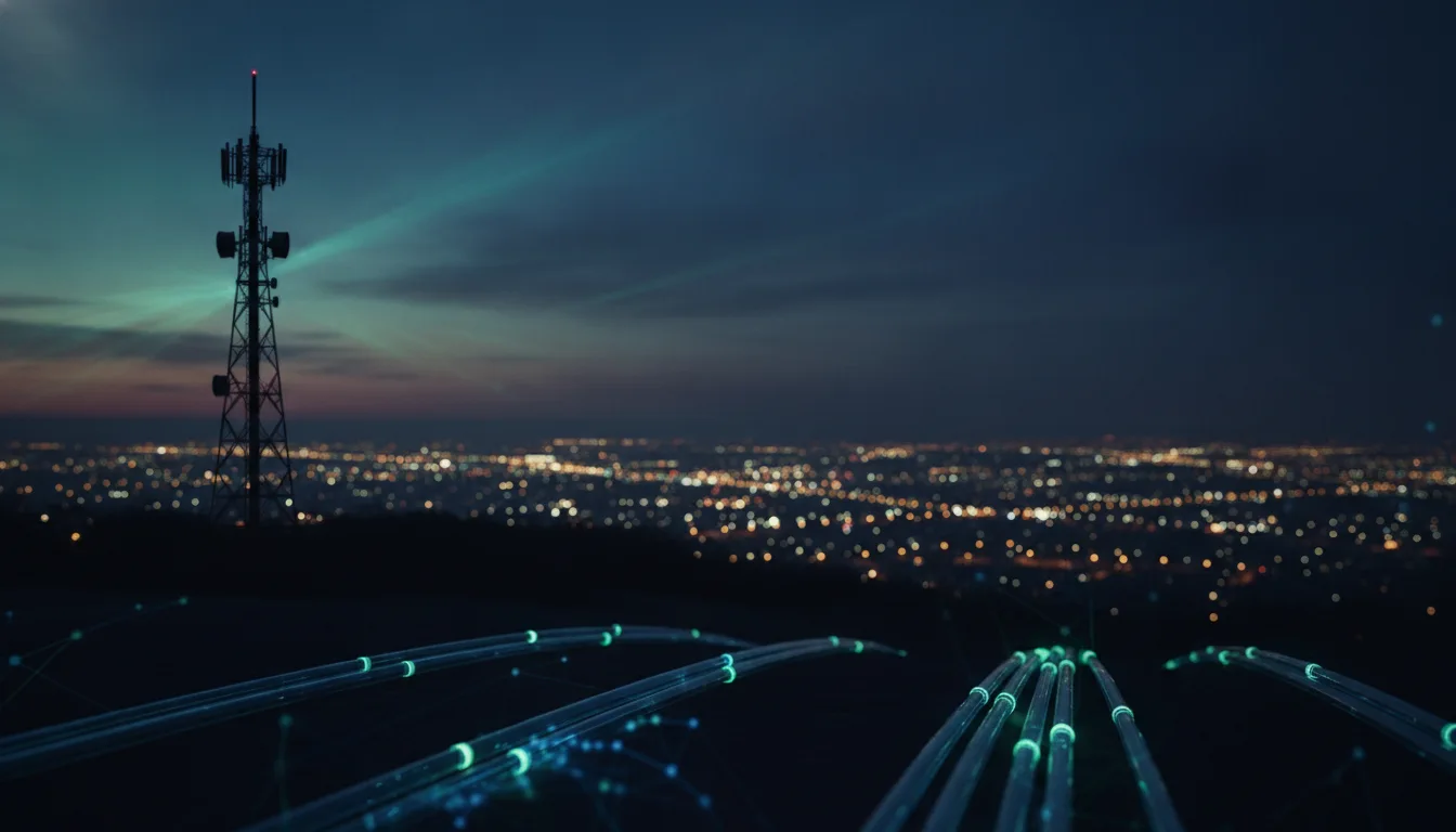 Telecom tower above a city at dusk