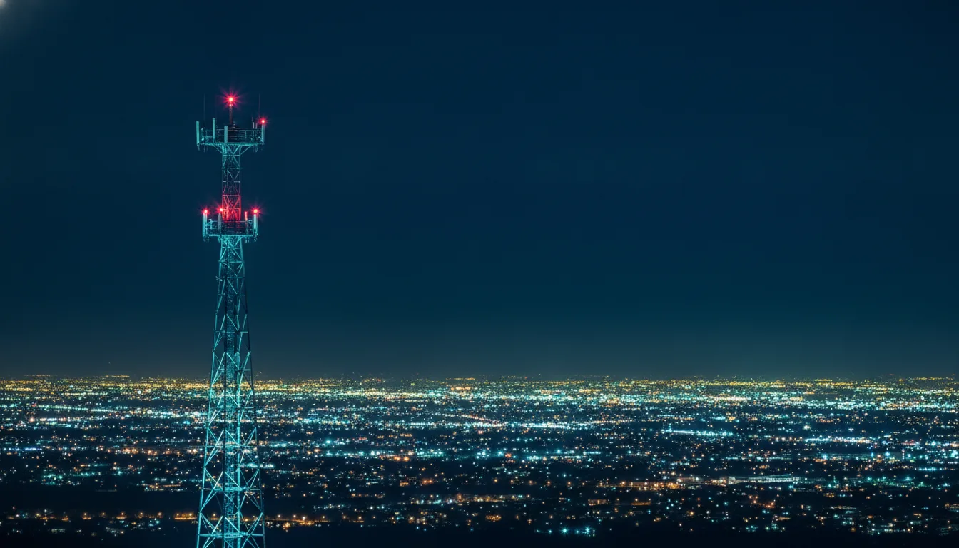Telecommunications tower at night above a city