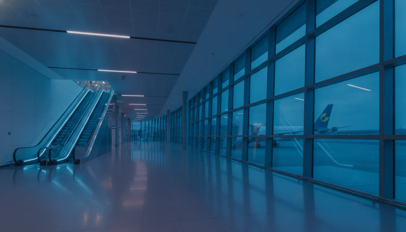 Modern airport terminal with glass front facing the apron and an aircraft at the gate