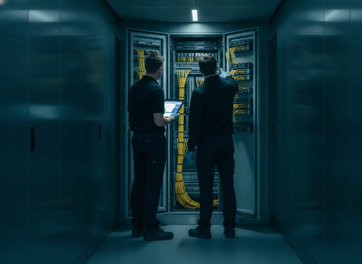 Two technicians at a fiber distribution frame in an airport service corridor