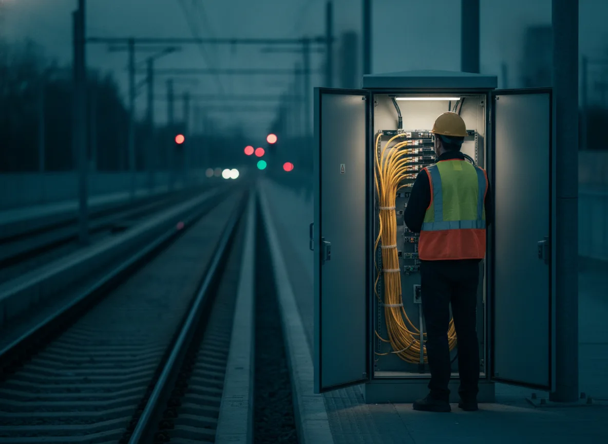 Signaltechniker am offenen Streckenschrank mit Glasfaserverkabelung neben Stadtbahngleisen