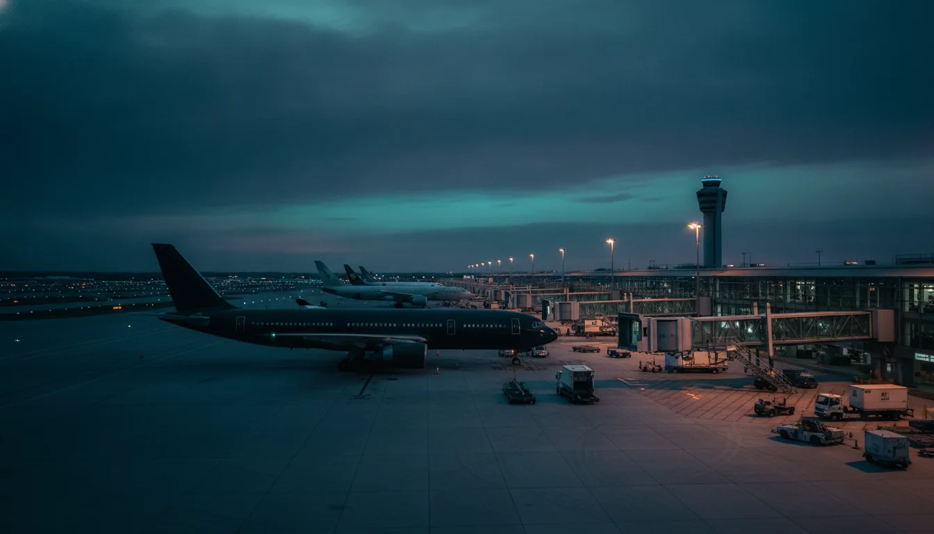 Flughafen-Vorfeld zur blauen Stunde mit Flugzeugen an den Fluggastbruecken und Tower
