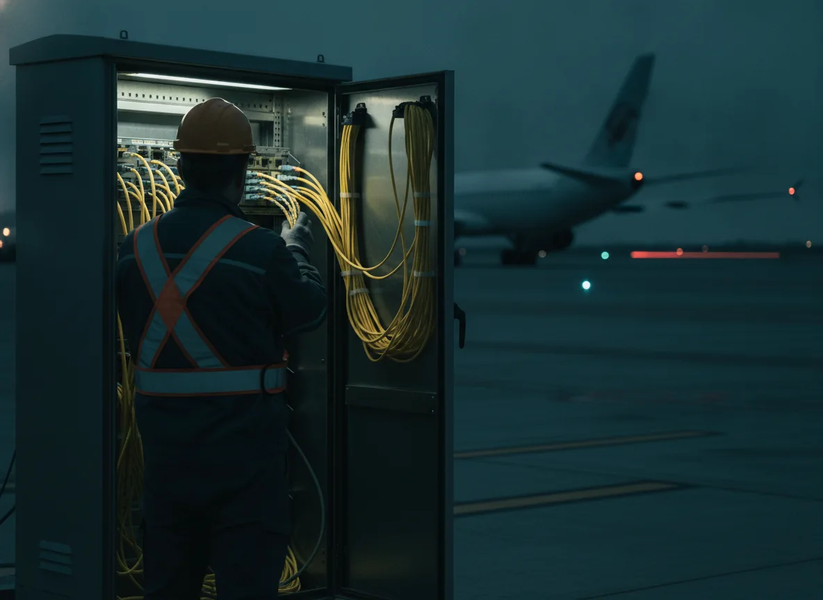 Technician working on fiber optic cabling in a network cabinet at the airport apron
