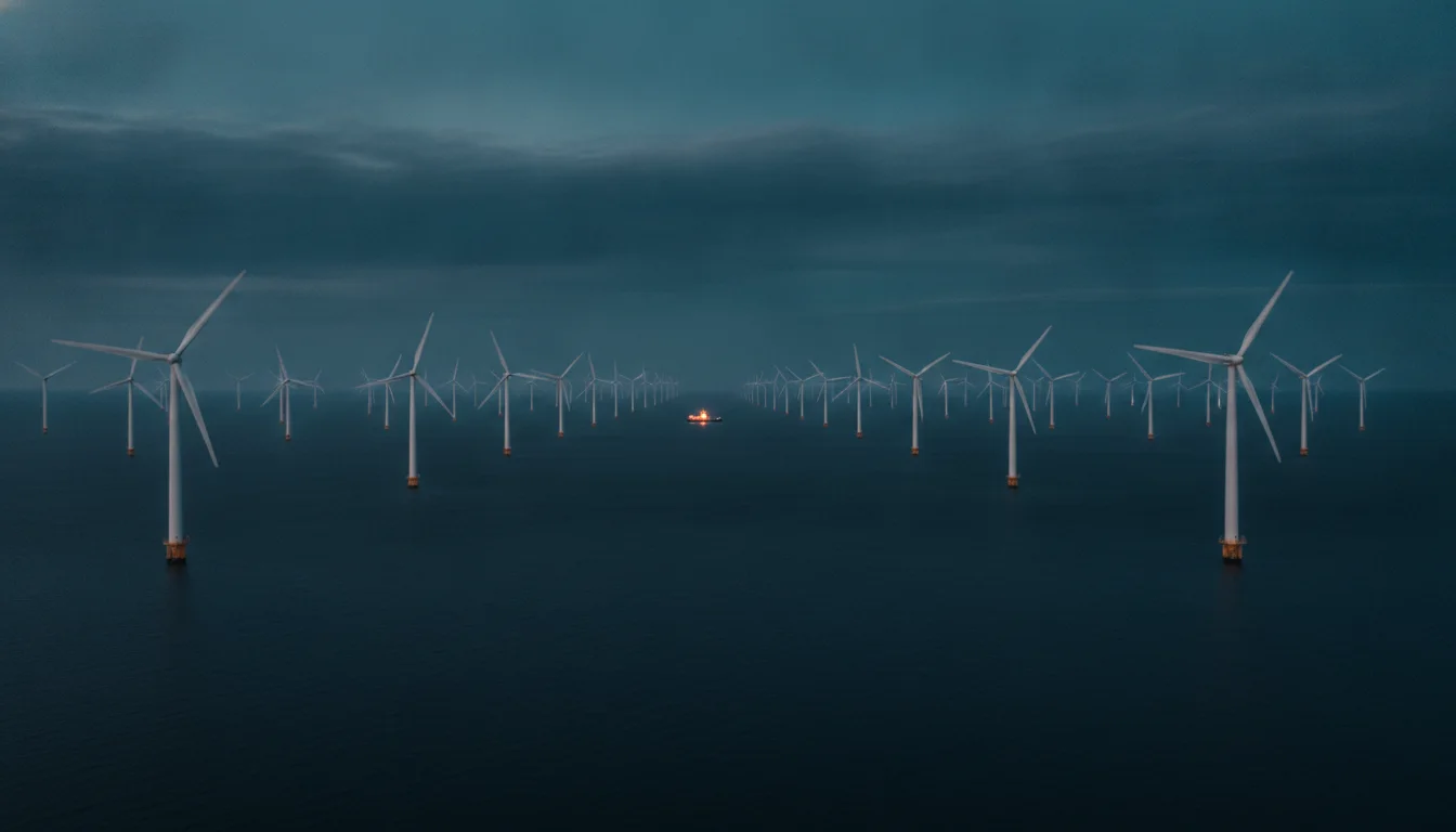 Offshore wind farm at blue hour with turbines receding to the horizon