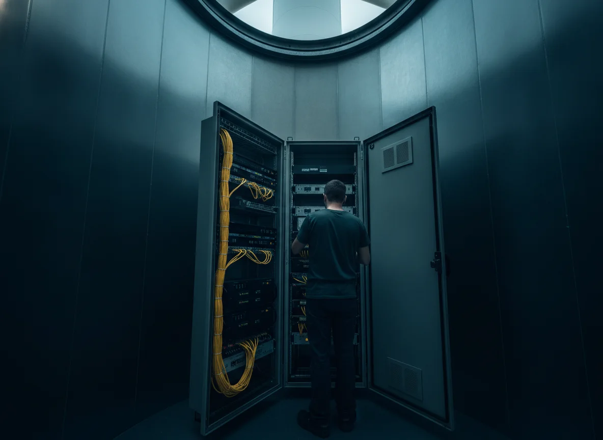 Technician working on fiber optic cabling in a control cabinet inside a wind turbine tower
