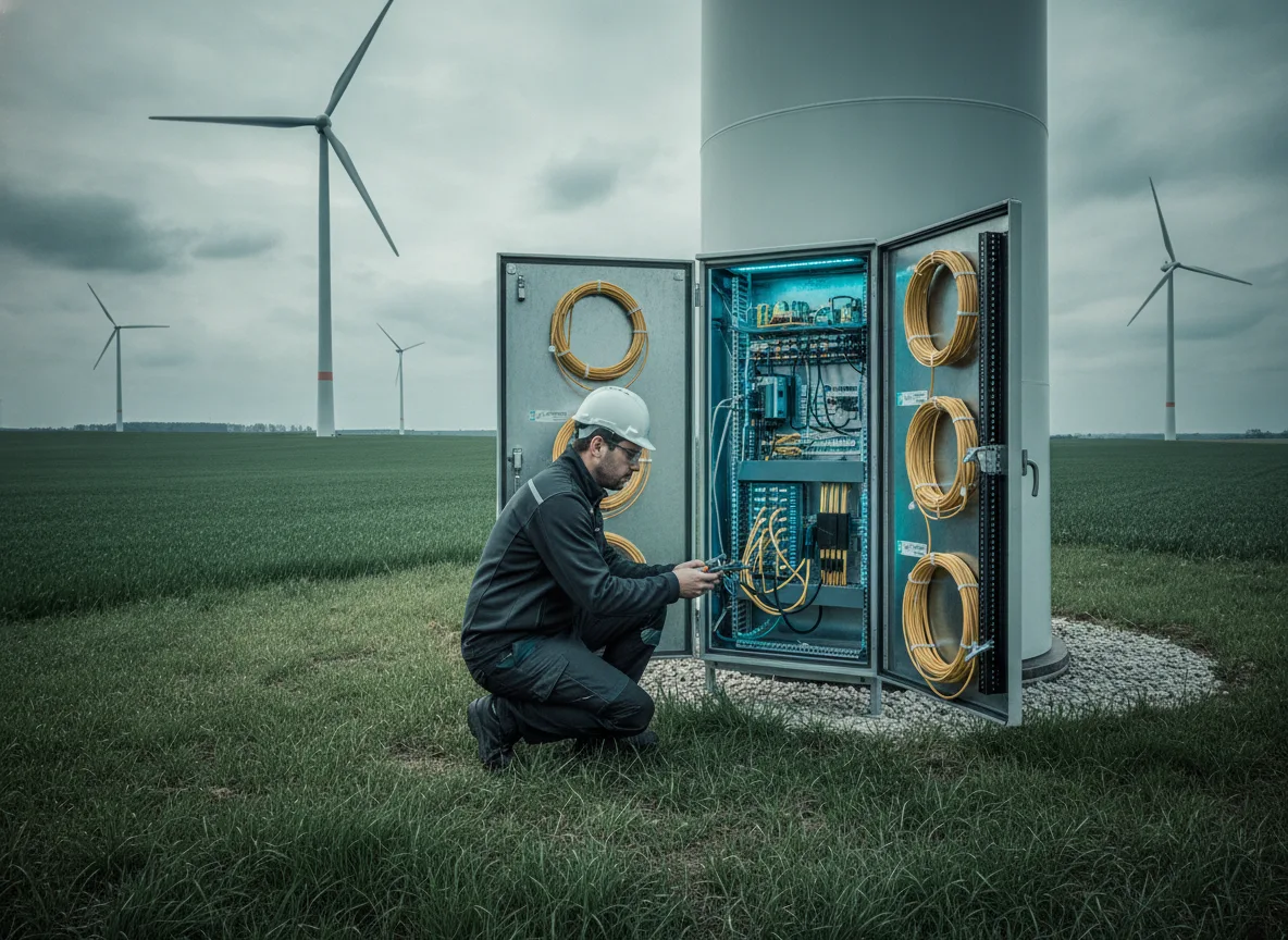 Techniker am Glasfaser-Anschlussschrank am Turmfuß einer Windkraftanlage