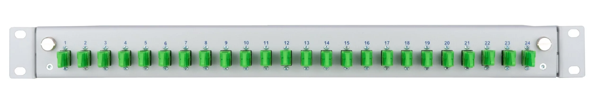 SlimConnect 1U splice box front view with structured E-2000 coupling arrangement