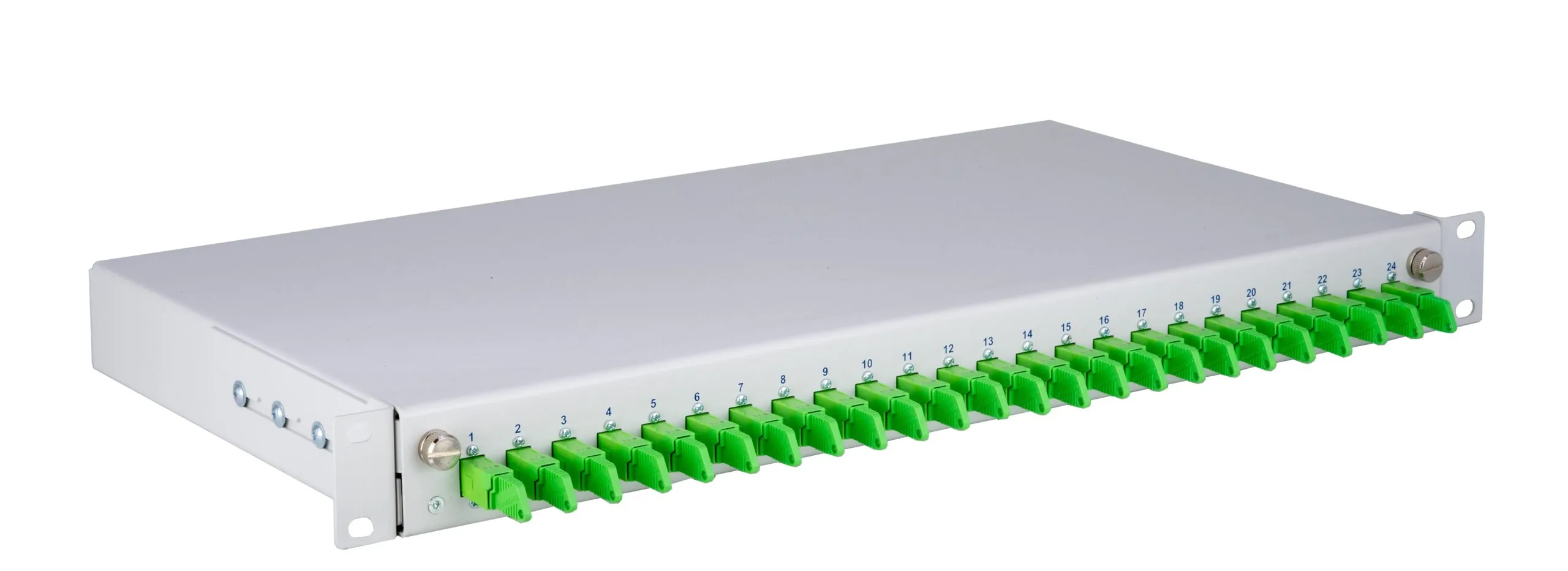 SlimConnect 1U splice box top-right view, fully assembled with 24 E-2000 couplings