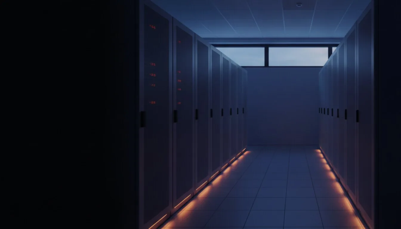 Dark cabinet aisle with amber floor lighting and a bright window at the end