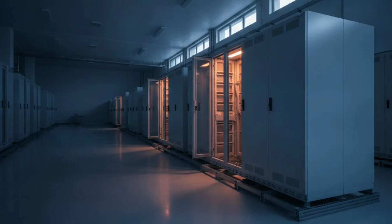 Bright equipment room with a row of cabinets on plinths, one cabinet open and lit