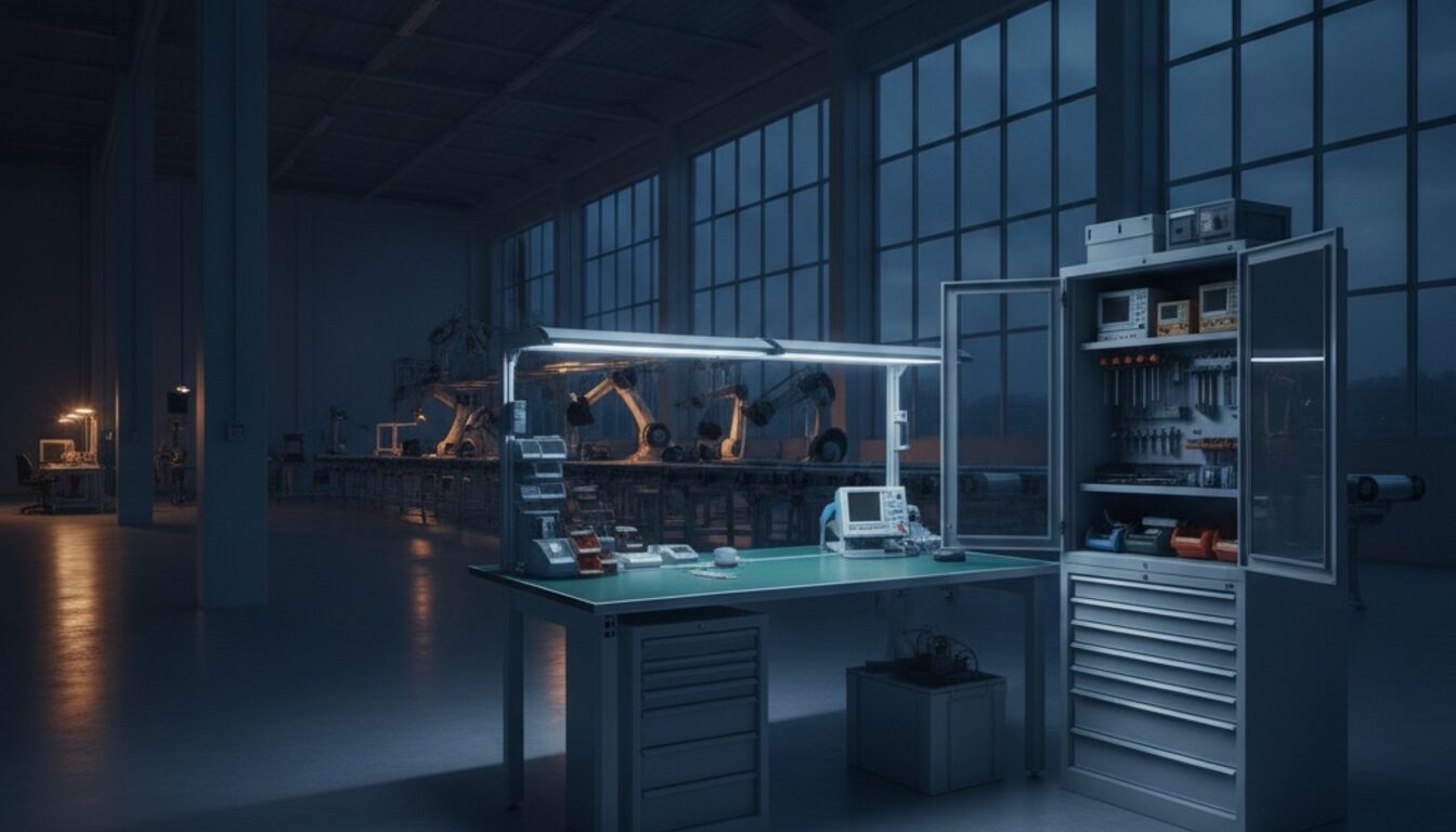 Aufgeräumte Technik-Werkbank in einer Montagehalle zur blauen Stunde