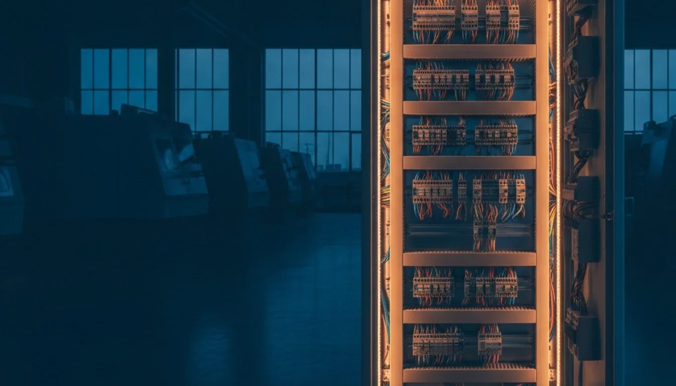Industrieschaltschrank in einer Fertigungshalle zur blauen Stunde