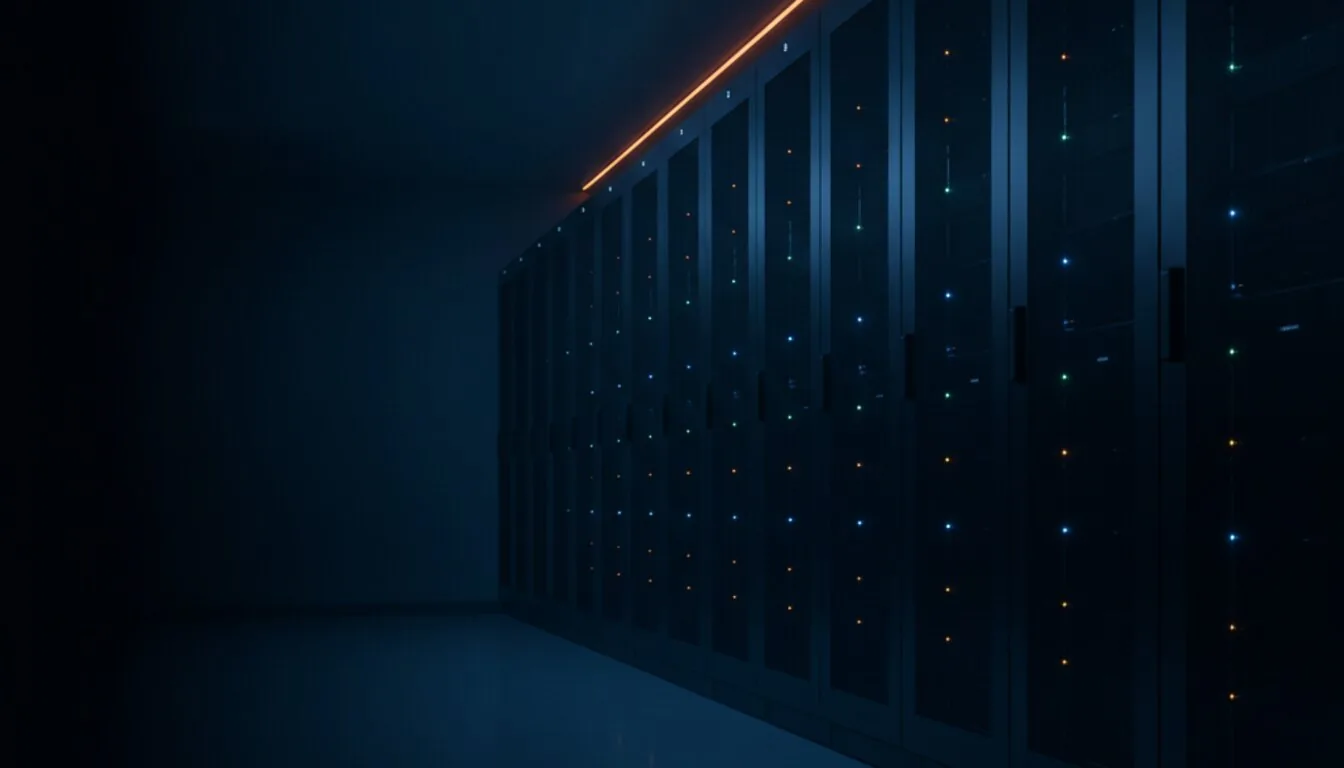Data centre cold aisle at dusk